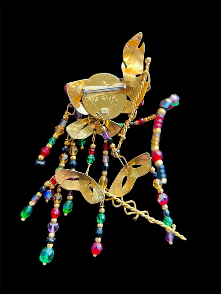 Lunch At The Ritz Mardi Gras Dangle Goldtone Crystal Beads Masquerade Brooch  #B-1