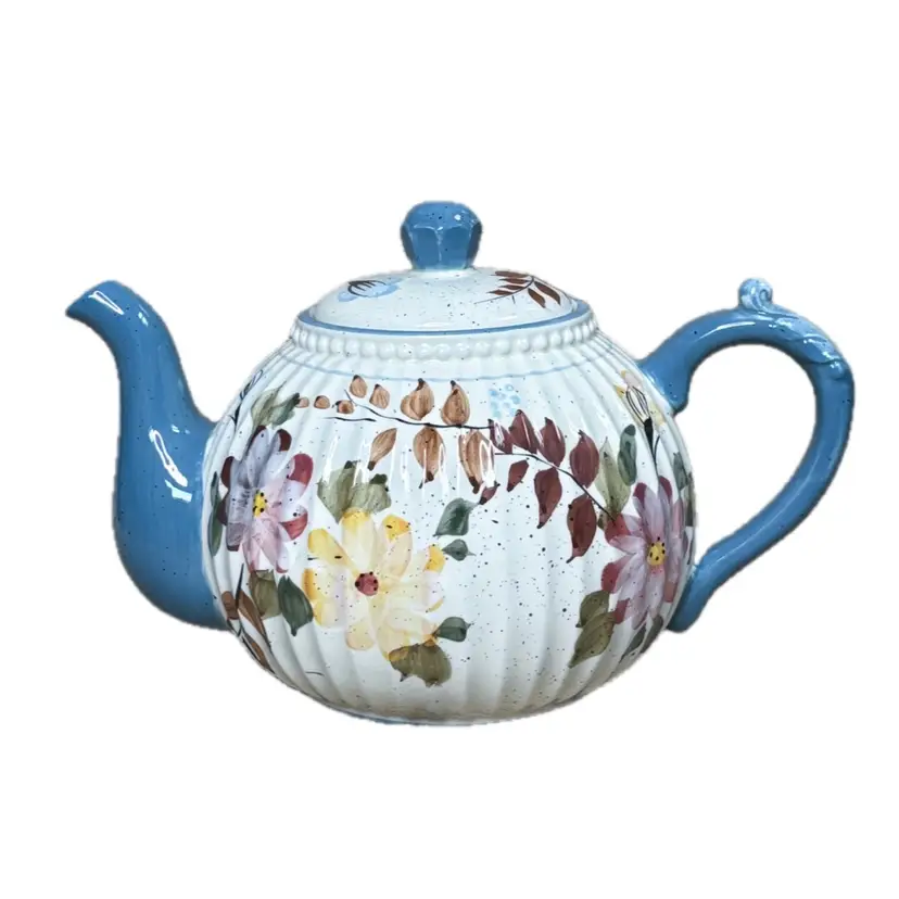 Speckled Floral Teapot with Smoky Blue Handle & Spout Cottagecore Shabby Garden