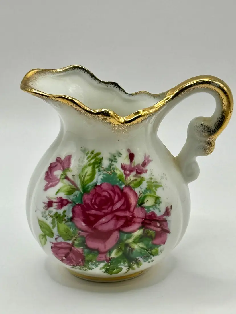 Vintage Porcelain Creamer Pitcher, Rose Floral Gold Trim, Hand-Painted Rose Design, Unbranded, Made In China