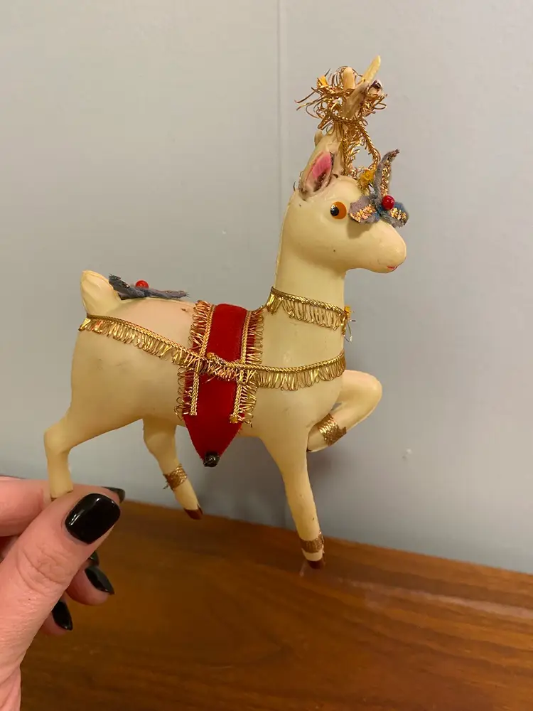 Celluloid Deer With Christmas Decorations Holly Vintage