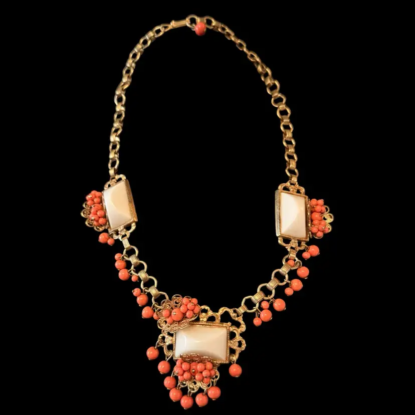 Milk Glass and Coral Color Dangle Beaded Necklace 17”
