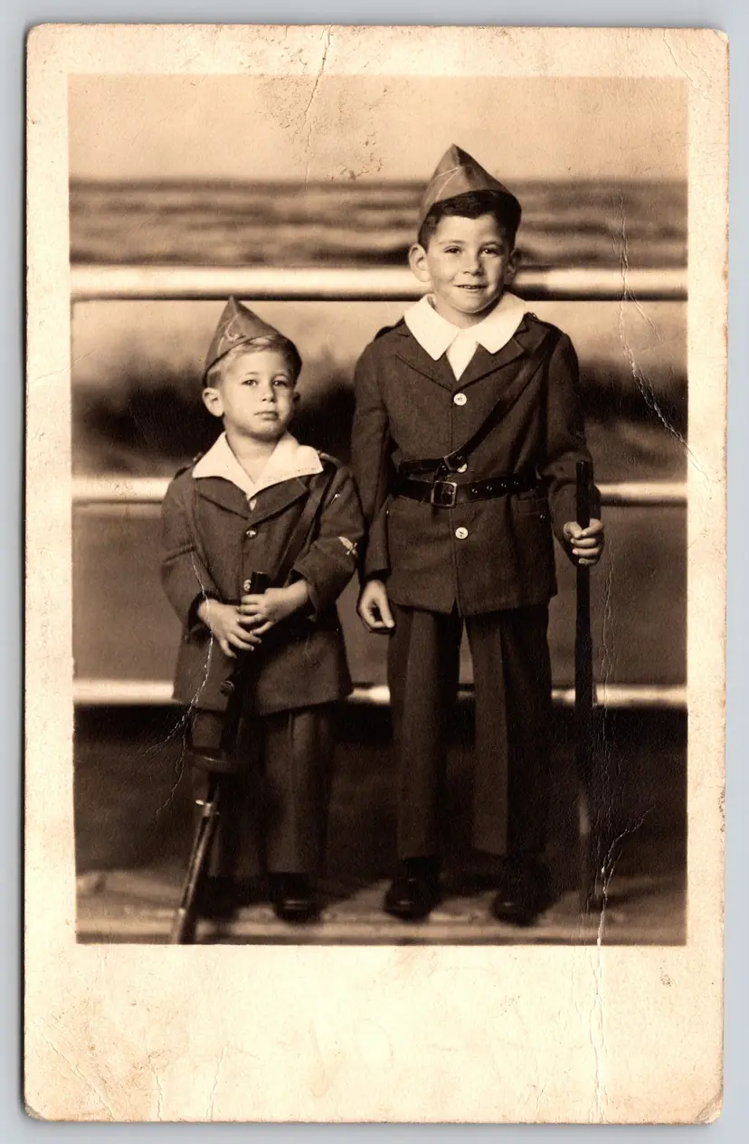 Postcard RPPC Young Boys in Uniform with Rifles Guns Real Photo Siblings Brother - 9043