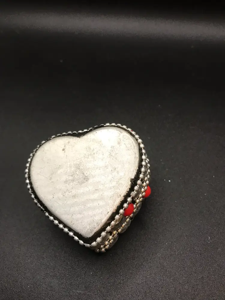 Vintage silver colored metal heart box with red decor Valentines