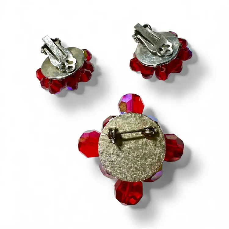 Vintage Czech Crystal Brooch & Earrings Set - Red Aurora Borealis Demi Parure 💎