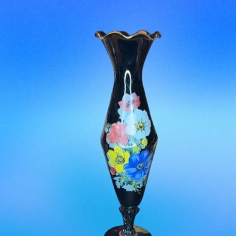 Black Vase W/ Transferware Flowers