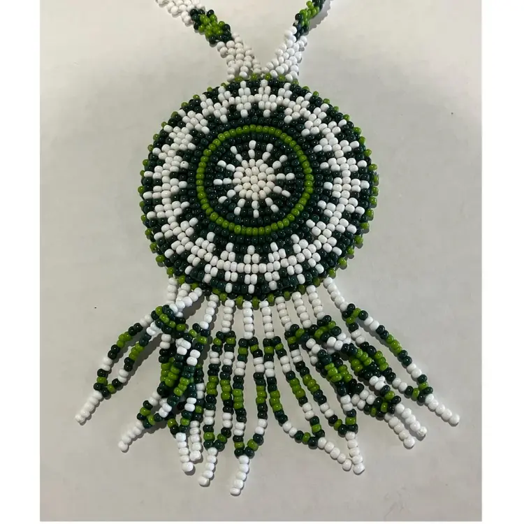 Vintage Green And White Seed Bead Native American Necklace