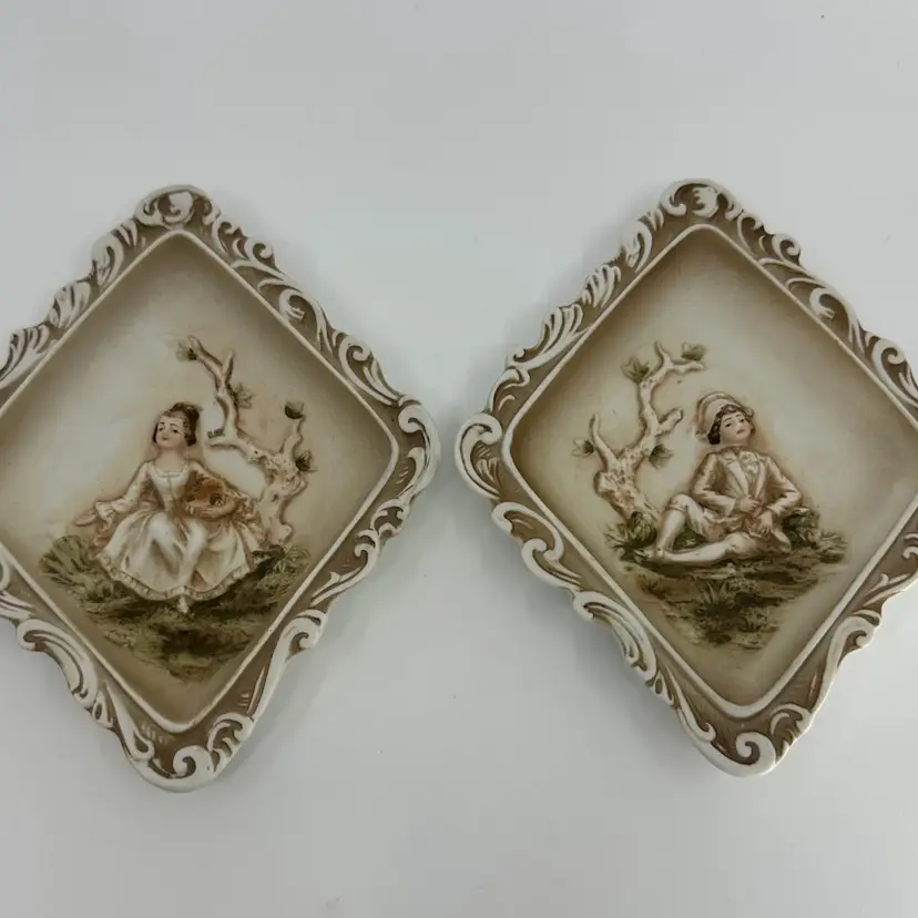 Lefton L'amour Wall Plaques Art Victorian Couple Bisque 3D Design Set/2