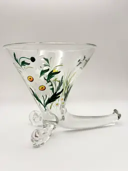 Vintage Hand-Painted Daisy Glass Cornucopia Vase 7”L  6”T  6”W