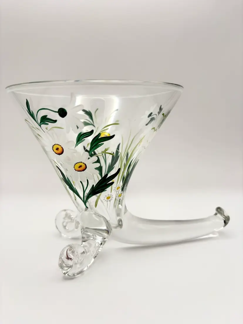 Vintage Hand-Painted Daisy Glass Cornucopia Vase 7”L 6”T 6”W