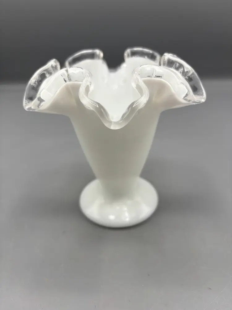 Fenton silver crest milk glass vase with ruffle rim