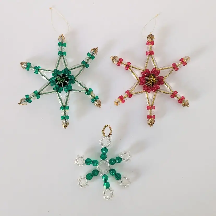 Set Of 3 Vintage Handmade Beaded Star Christmas Ornaments