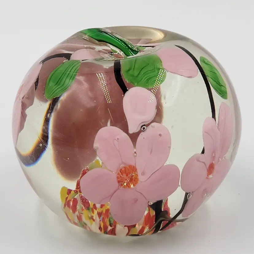 Clear Glass Apple Shaped Flower Garden With Pink Flowers Paperweight 2.5 Inches