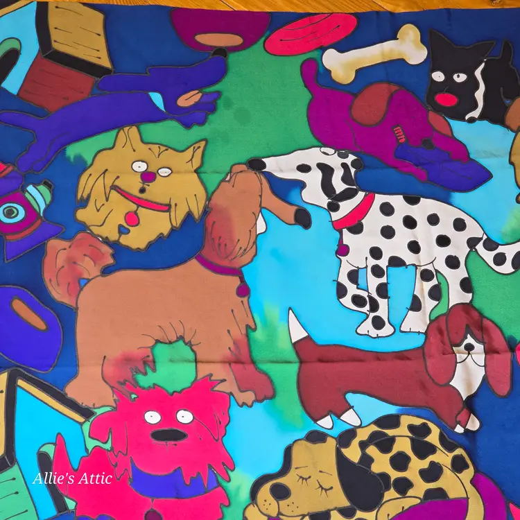 Silkscapes Vintage 90s Hand Painted Scarf Vibrant Rainbow Dogs Lover 100% Silk