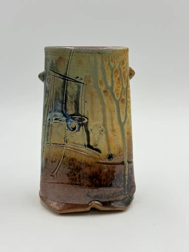 Studio Art Pottery Artist Signed Unique Rustic Vase Earth Tone Glaze Stoneware