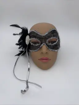 Womans Black Silver Fringe Venetian Feather Jeweled Mask Mardi Gras Masquerade