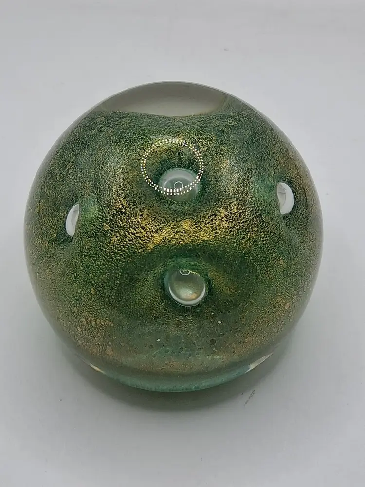 Fratelli Toso Murano, Rare, Dichroic Green, Gold, Controlled Bubbles/Dimpled Paperweight