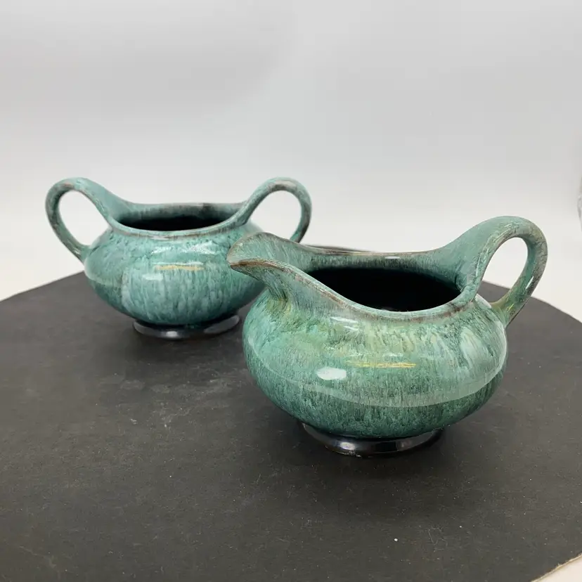 #1821 Evangeline Canada Pottery sugar and creamer set with teal drip glaze.