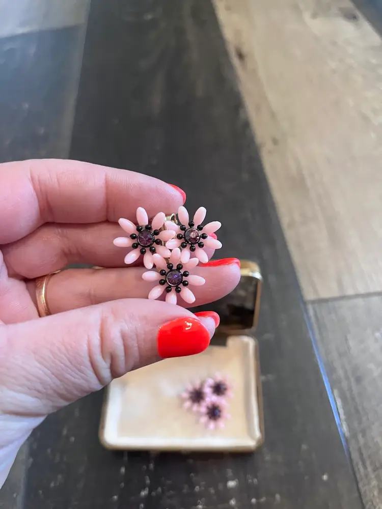Vintage Pink Flower Clip On Earrings