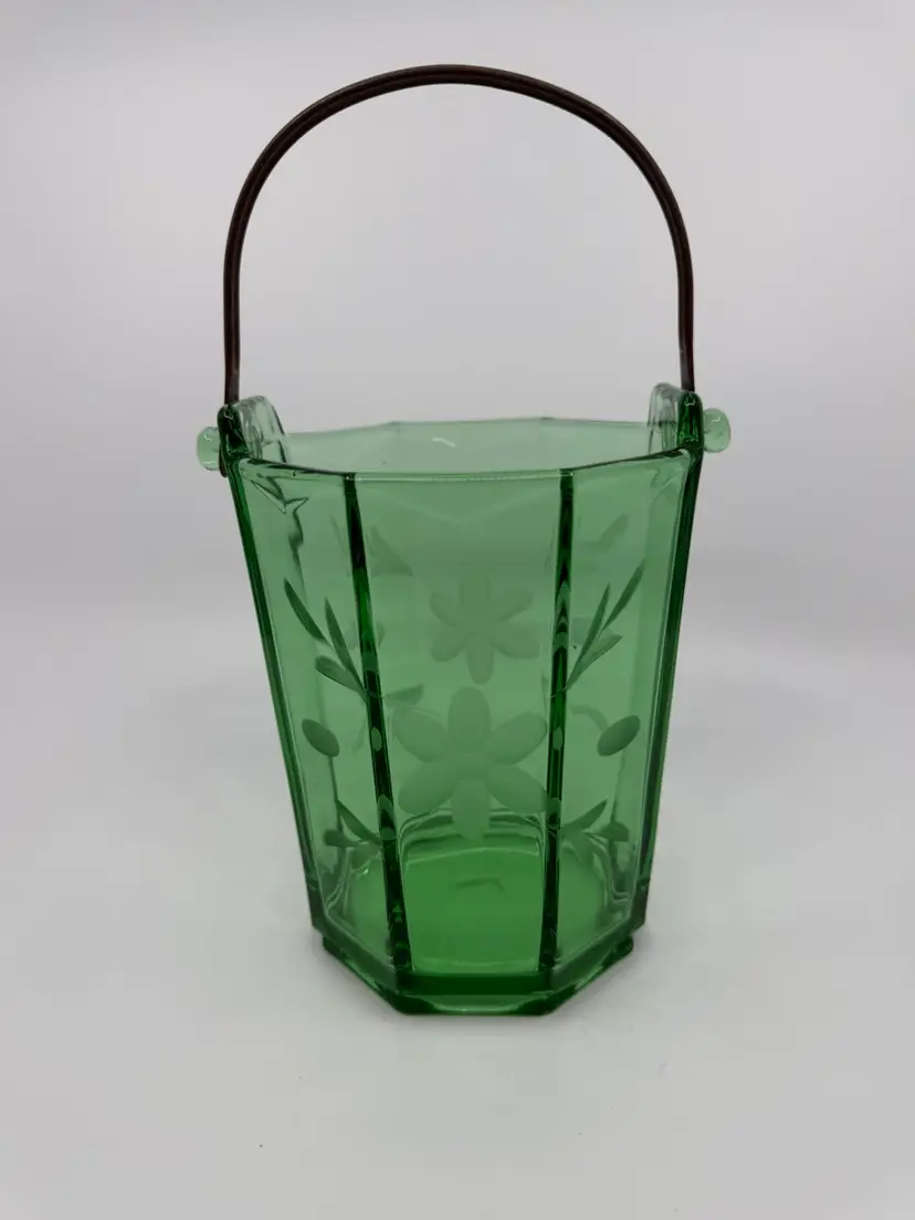 Vintage Depression Green Uranium Glass Etched Floral Ice Bucket Brass Handle Glows