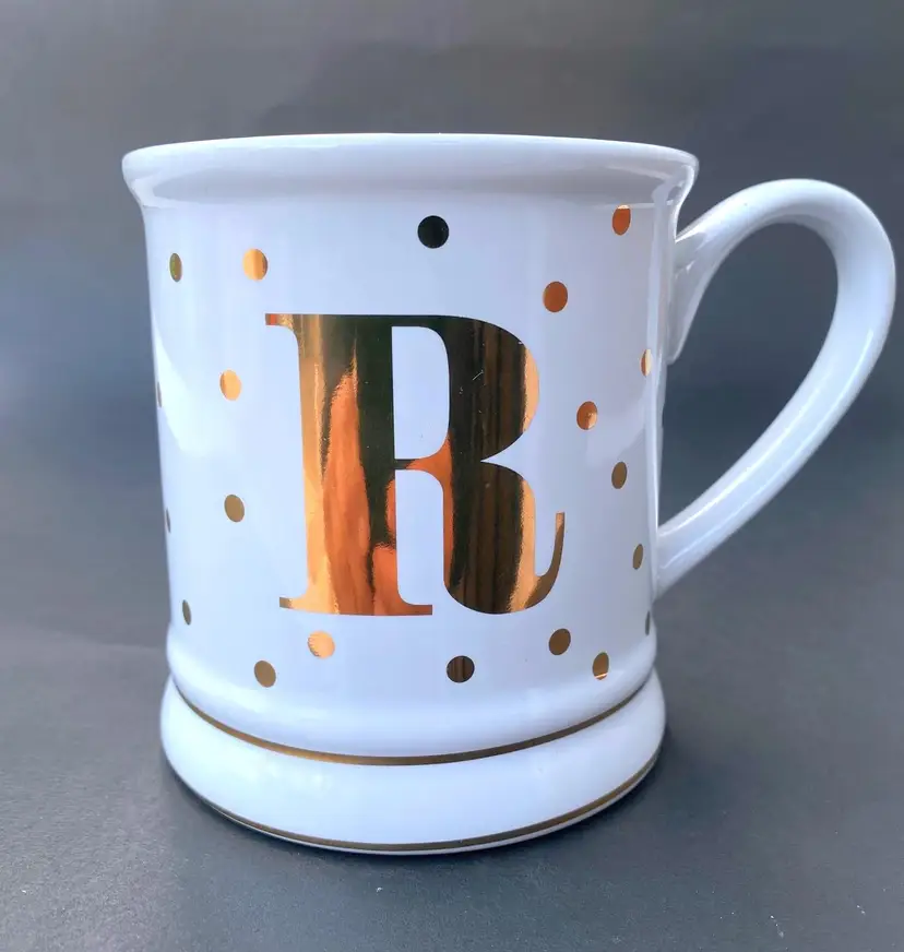 Pier 1 Imports Coffee Mug White w/Gold Polka Dots Monogram "R"