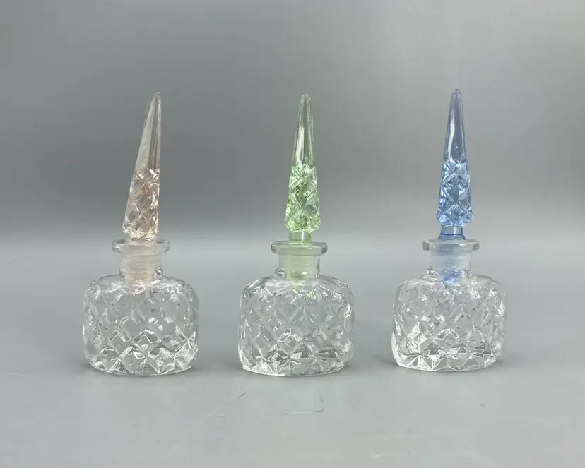 Miniature 3 Colorful Pressed Glass Perfume Bottles - Made in Japan - Vintage