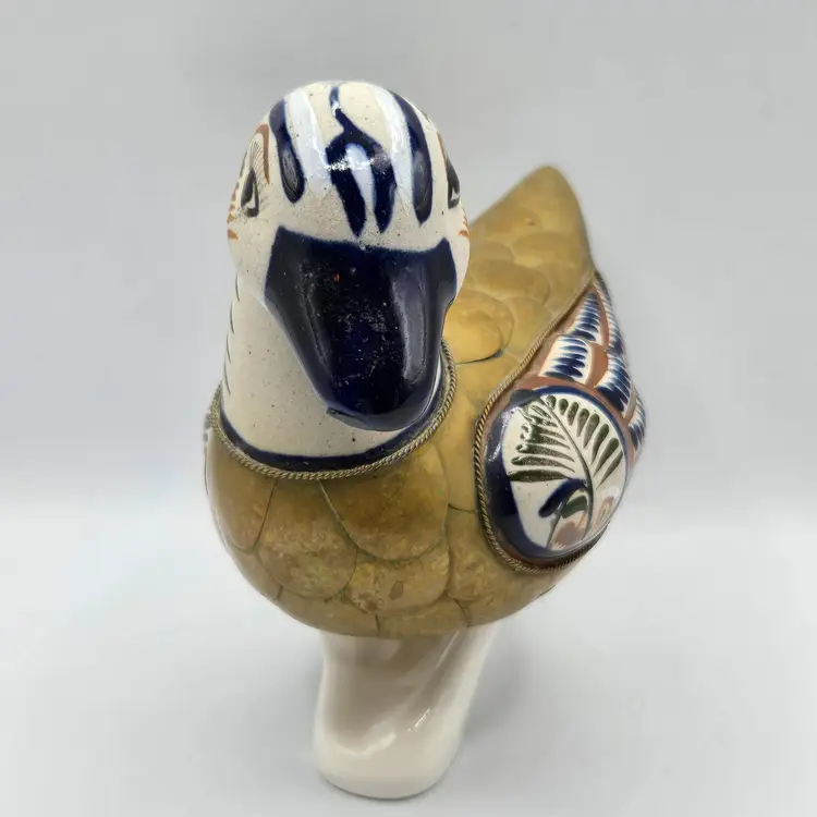 Vintage Tonala Brass & Ceramic Duck • Brass Feathers Overlay • Hand Painted Mexico 5"H