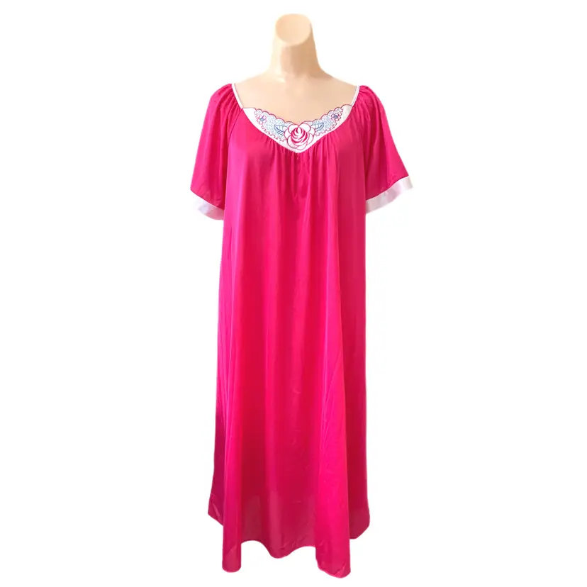 Hot Pink XL Embroidered Nightgown Lingerie Nylon Blend Satin Accent Vintage