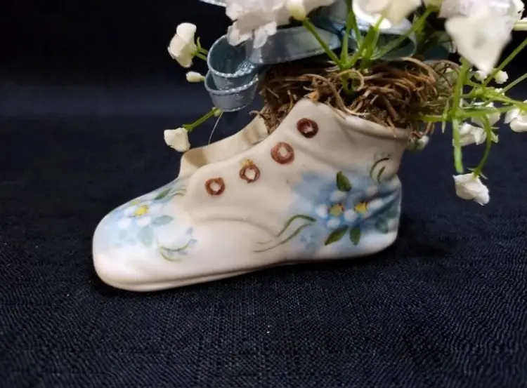 Vintage Hand Painted Porcelain Blue Floral Baby Shoe with Flower Arrangement