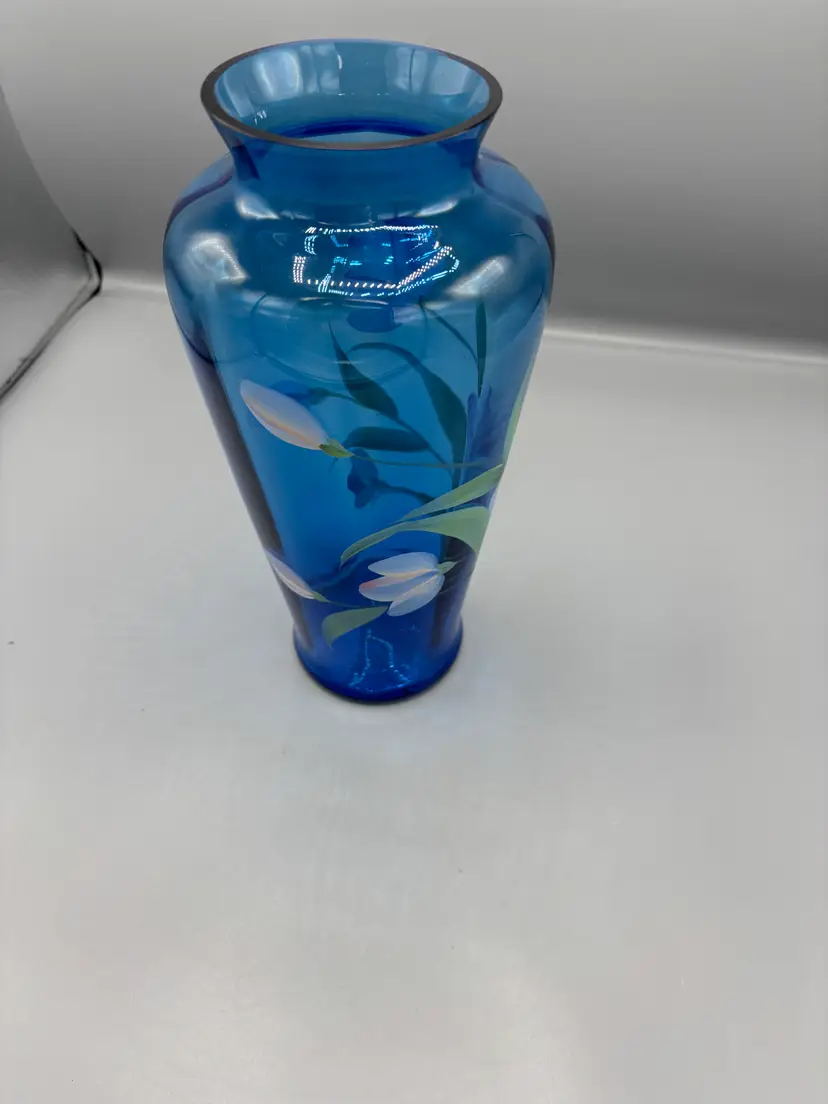 Fenton Twilight blue glass vase with floral design