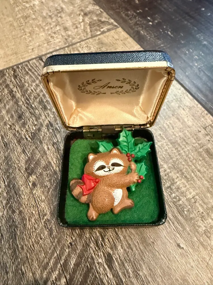 Vintage 1986 Hallmark Raccoon Christmas Brooch