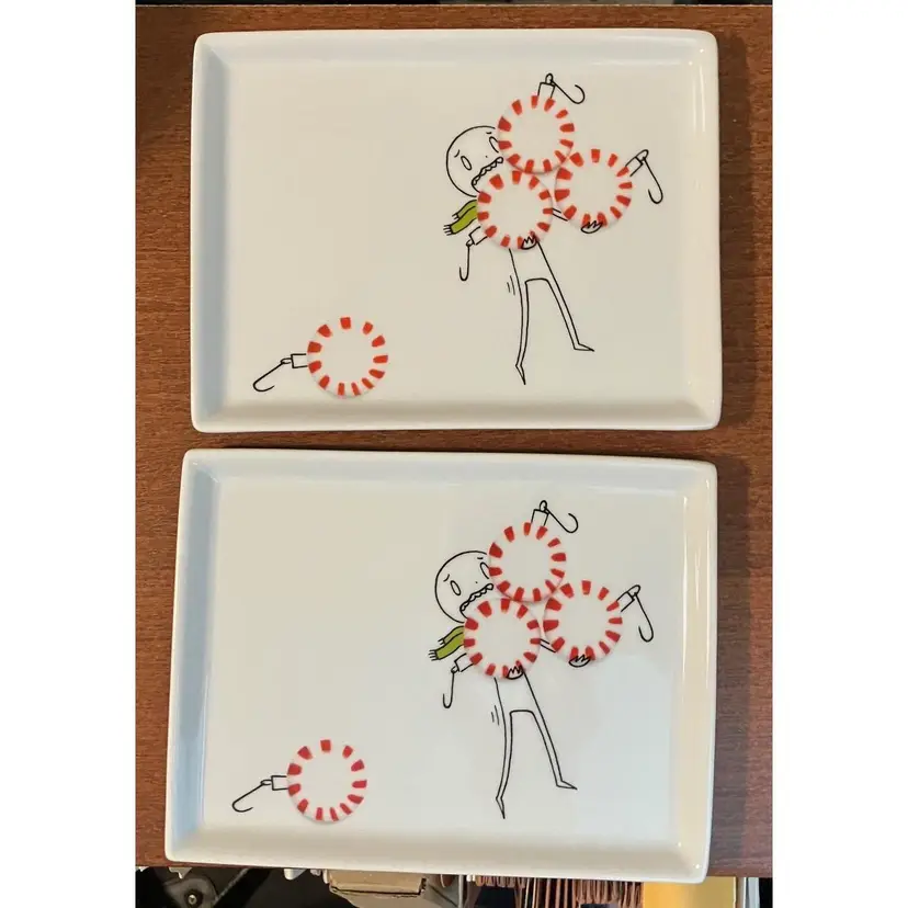 Two CB2 Christmas appetizer plates 2012 Peppermint candies 5 by 6.5"