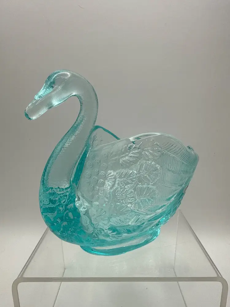 Vintage 1990's Fenton Glass Teal Swan Bird Candy Trinket Dish 4 in H