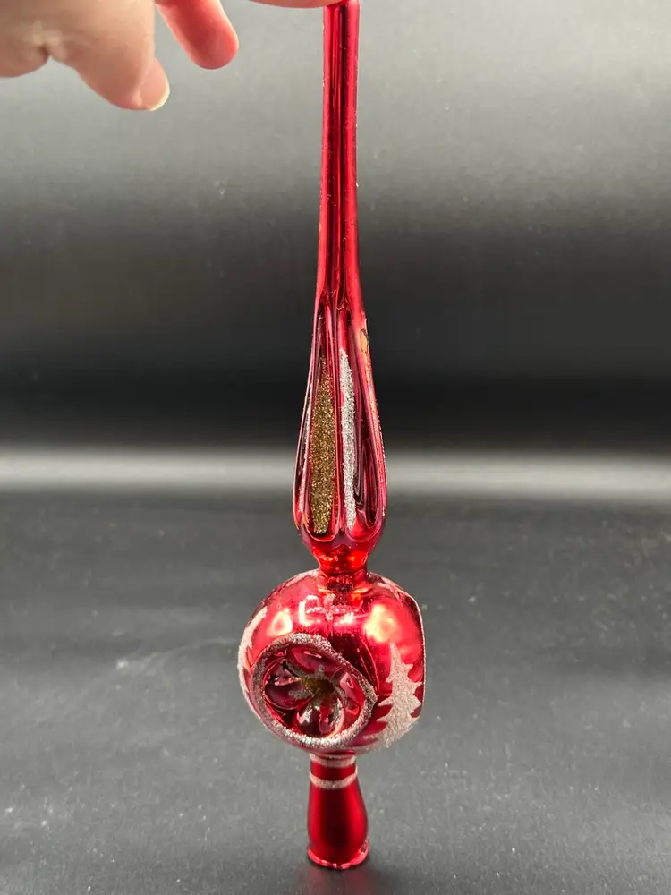 Hand Decorated FADED European Glass Christmas Tree Top Ornament Red & Gold Glitter 10 Inches Christmas Classics