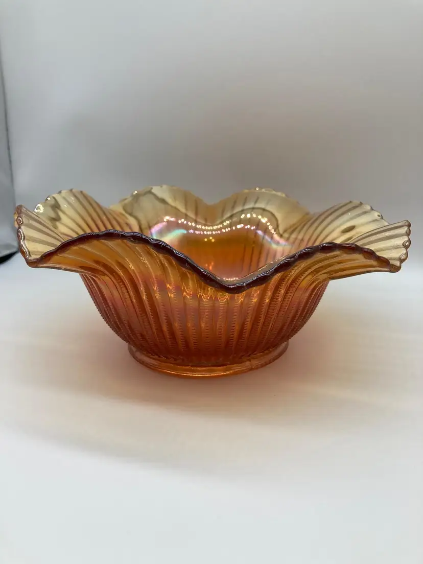 Carnival Glass Bowl, Federal Glass Co. Marigold Bowl, Large 9", Ruffled Scalloped Rim, Iridescence With Smooth Shiny Interior, Ribbed Exterior