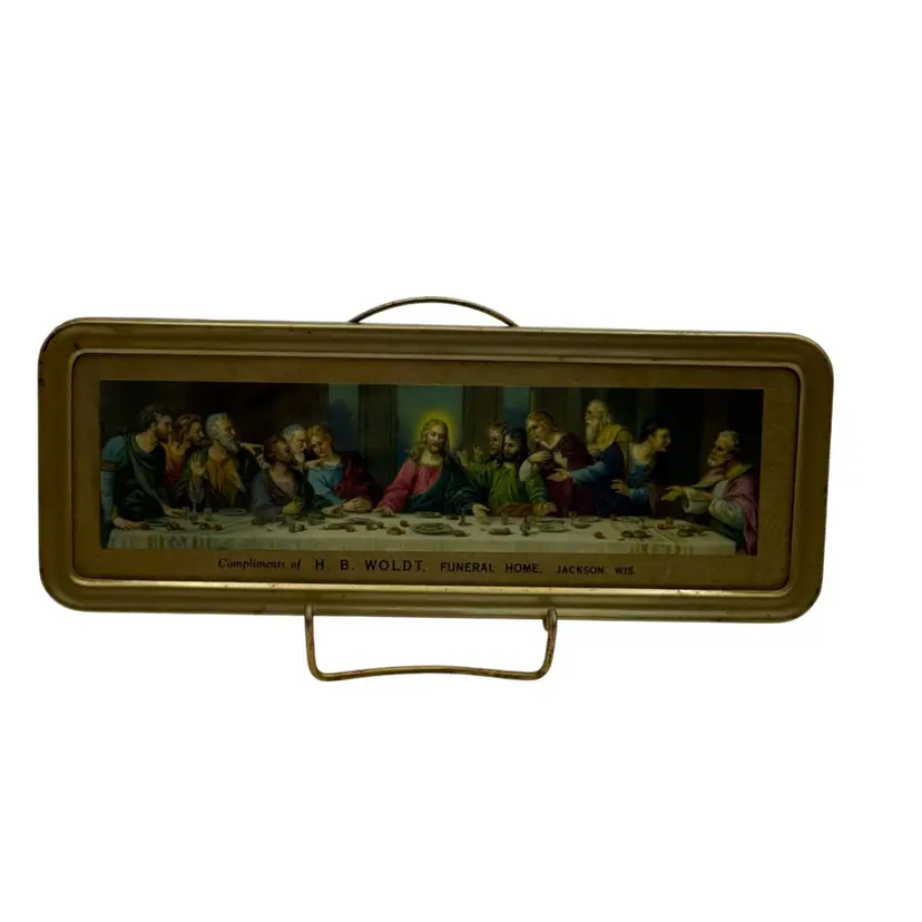 Vintage H.B. Woldt Funeral Home Jackson WI The Last Supper Metal Advertising Wall Plaque