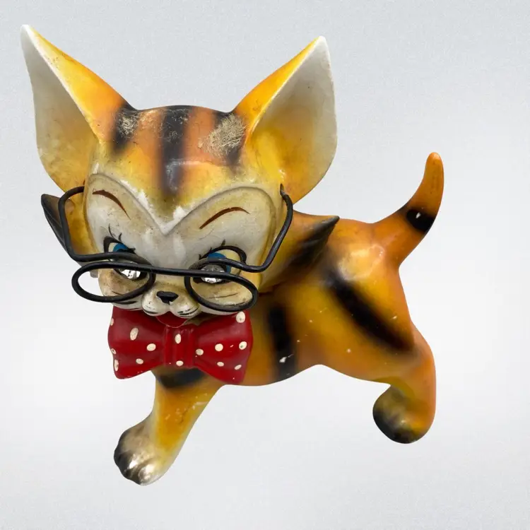 1950s Cat Orange Red Bow Tie & Glasses Rhinestone Eyes Kitschy Retro Vintage Ceramic