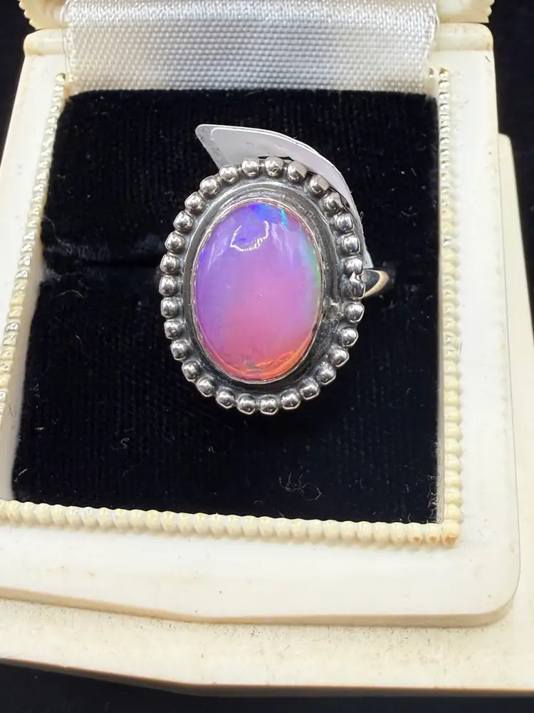 Sterling Silver Size 9 Pink Opal Adjustable Ring