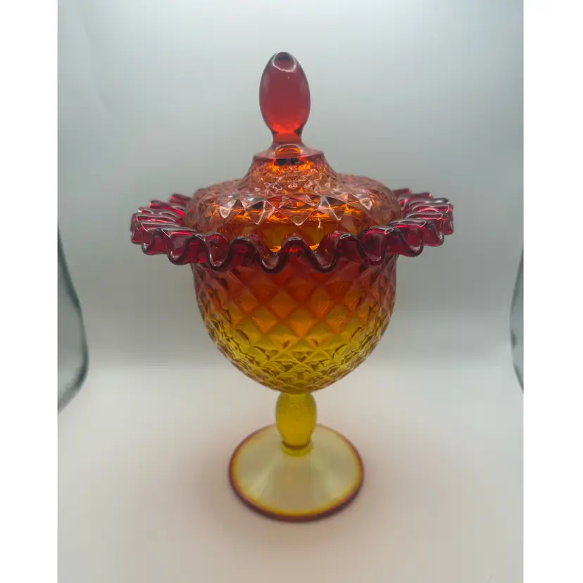 Viking Glass Yesteryear Amberina Covered Candy Dish - 10.5 In