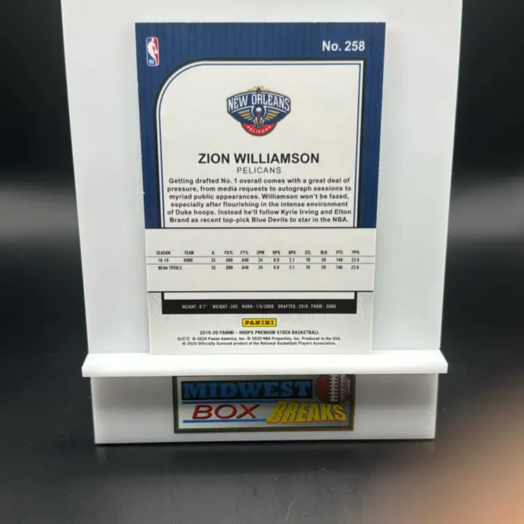 Zion Williamson Rc Chrome 2019-20 Hoops Premium Stock New Orleans Pelicans MBBCRD