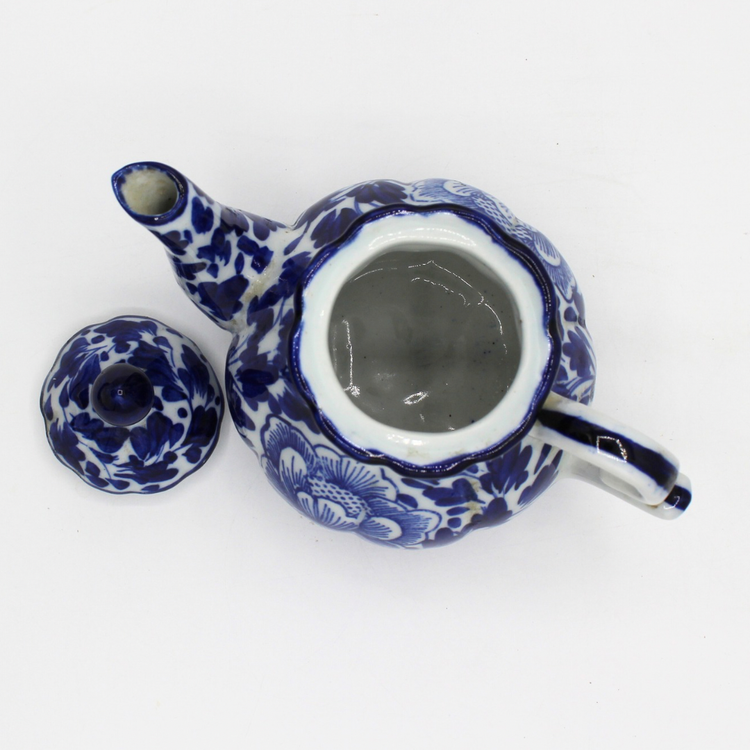 Vintage Blue White Porcelain Teapot Floral Design Small Hand Painted Asian Style