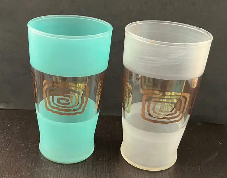 VTG MCM Frosted Cocktail Greek Key Glasses Barware White Turquoise/acqua Gold