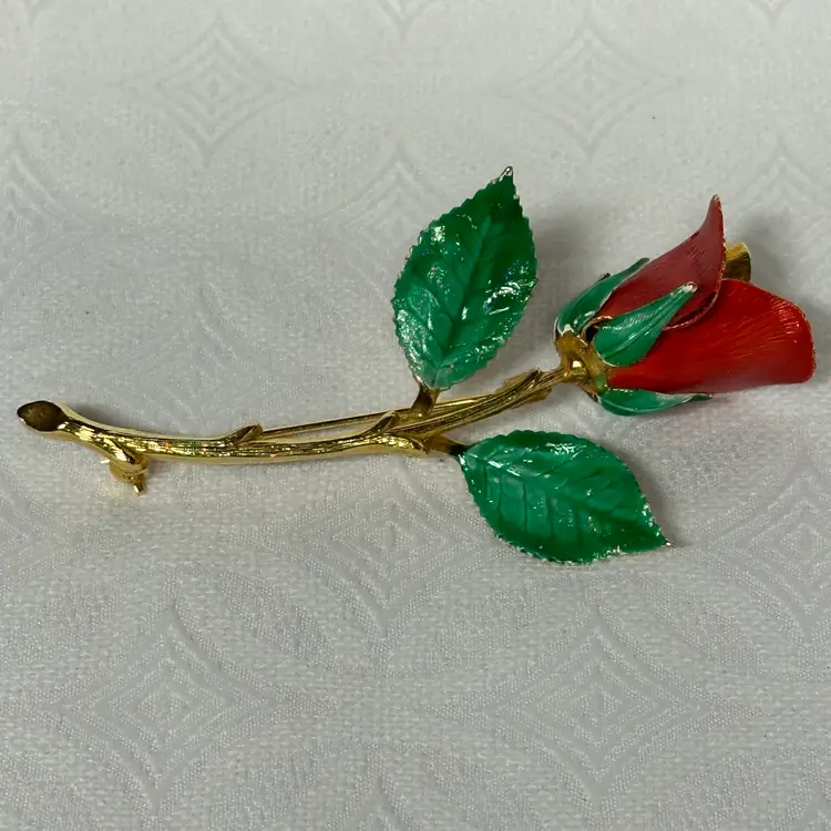Vintage Gold Tone Red Enamel Rose Brooch