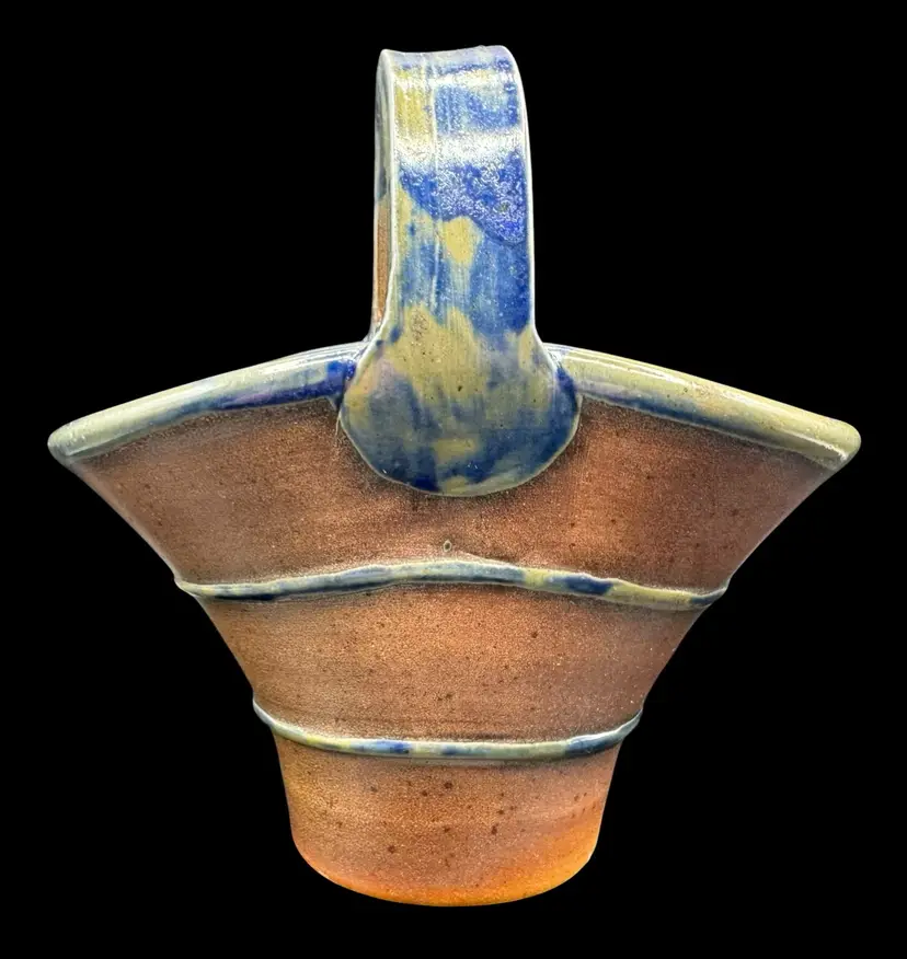 Vintage Art Pottery Salt Glazed Stoneware Basket Vase Handle Blue Orange 7.5”