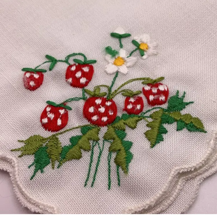 POW2 Set of 3 Embroidery Cocktail Napkins Hanky with Strawberries 8 x 8" Square