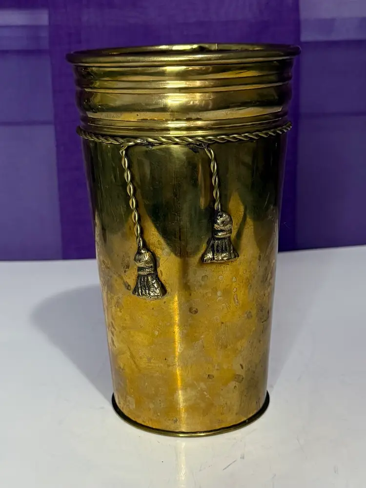 Vintage Solid Brass Hammered Rope & Tassel Planter/vase