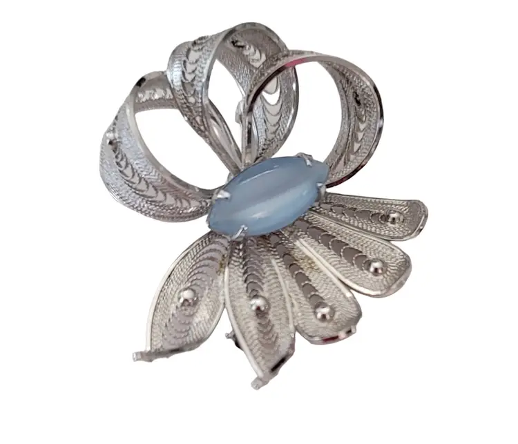 Alice Caviness Spun Sterling Sterling Filigree Ribbon Bow Blue Moonstone Rhinestone Brooch, Signed E708
