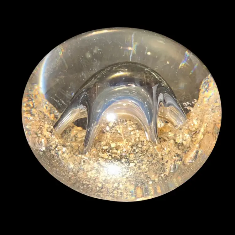 Art Glass Paperweight Clear Gold Flake Glitter Sea Star Bubble 3”T X 4” Diameter