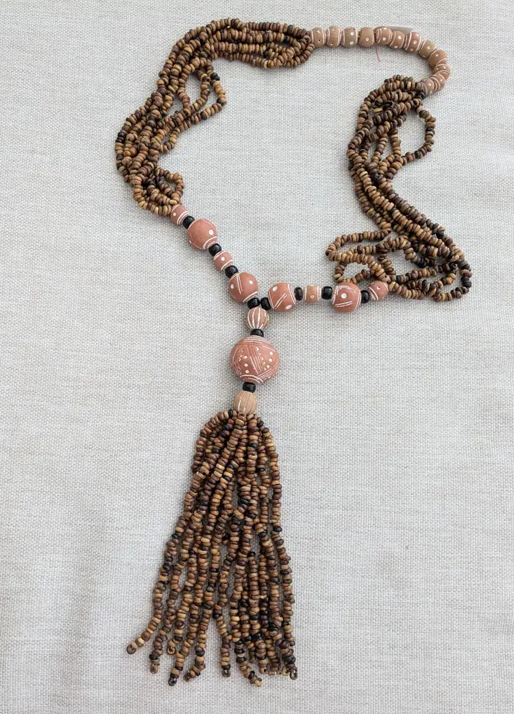 Vintage Wood and Clay Bead Tassel Necklace