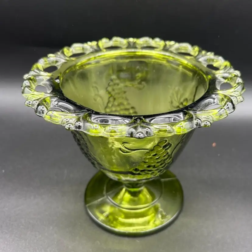 Vintage Indiana Glass Harvest Grape Compote Bowl With Reticulated Rim