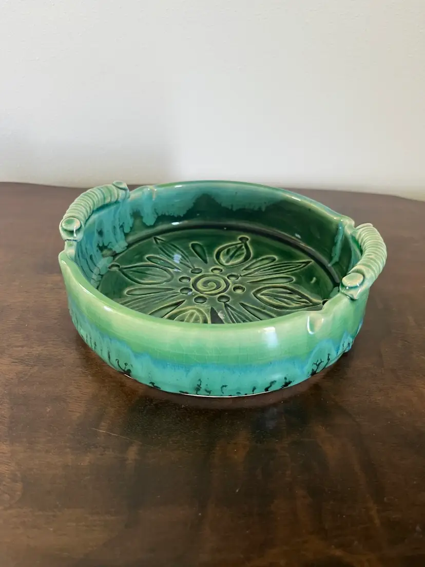 Studio Pottery Bowl Etched Design Artist Signed Green Blue Glaze